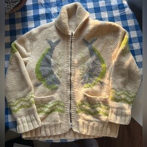 Vintage White Cream Green Cowichan Hand Knit sweater whale fish salmon cardigan
